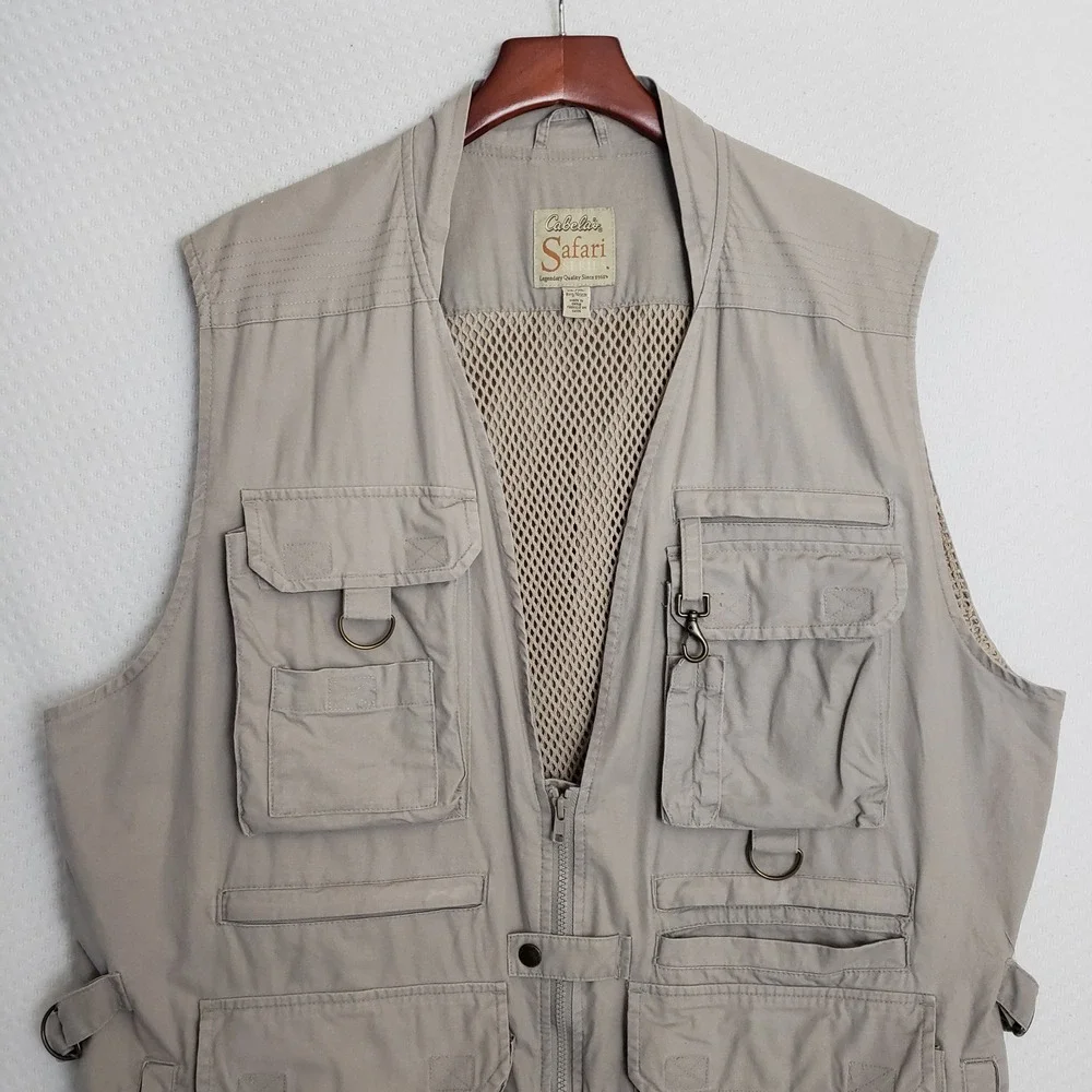 VTG Cabela's Safari Series Mens Utility Vest XL Khaki Tan Travel Fishing Hunting